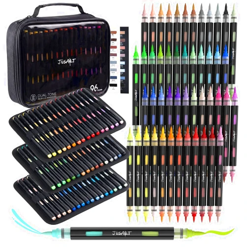 JusArt Acrylic Brush Markers, 96 Colors Brush Tip Acrylic Marker Set, 48 Dual-Tip Water Based No Bleed Markers with Automatic Ink Control for Wood, Rock, Fabric, Canvas, Glass, Eggs & DIY Crafts