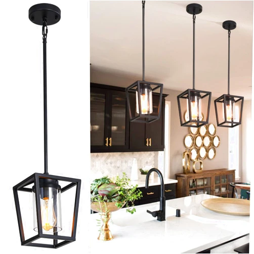 SGLfarmty 1-Light Black Pendant Lights Kitchen Island, Farmhouse Cage Metal Hanging Light Fixtures with Glass Shade，Adjustable Lantern Pendant Lighting for Dining Room, Entryway, Hallway