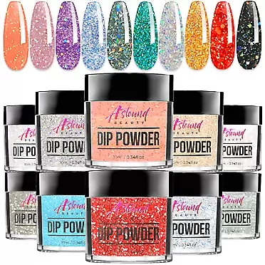 ASTOUND BEAUTY Nail Dip Powder Kit - 10 Dip Powder Colors Refill with Glitter Nail Dip Powder (Glitter 1)