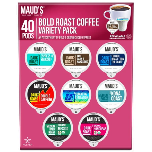 Maud's Bold Dark Roast Coffee Pods Variety Pack, 40 ct | 8 Assorted Coffee Flavors | 100% Arabica Dark Roasted Coffee | Solar Energy Produced Recyclable Pods Compatible with Keurig K Cups Maker