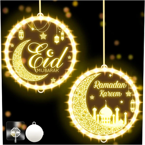 gisgfim 2 Pcs 3D Eid Ramadan Mubarak Lights Eid Ramadan Window Decoration Lights Mubarak Light Battery Operated Hanging Lights Mosque Ramadan Lights Decor for Outdoor Indoor Party Supplies