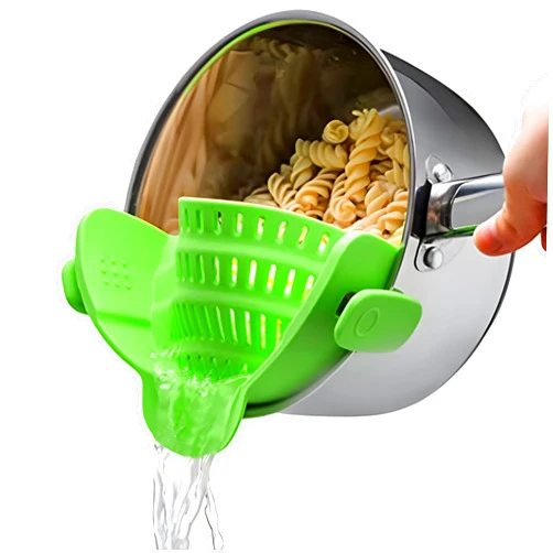 Kitchen Gizmo Snap N' Strain - Collapsible Colander - Clip-On Strainer for Pots and Pans, Cool Kitchen Gadgets - Essential Kitchen Finds and Cooking Tool - Easy to Use, Space-Saving Design, Green