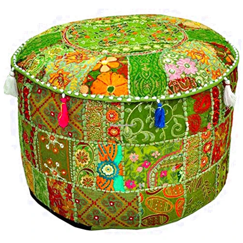 ALOFCART Patchwork Round Foot Stool Vintage Ottoman Embroidered Pouf Cover, Ottoman Pouf Foot Rest, Only Cover (Green, 18x13 Inch)