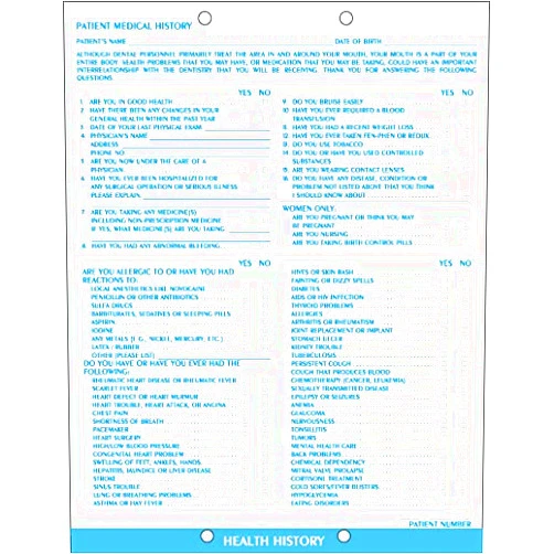 Doctor Stuff - Dentist Office Forms, Dental Medical History Form, Item 27011, 8-1/2