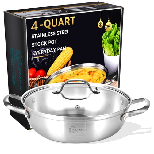 LOLYKITCH 12 Inch Tri-Ply Stainless Steel Sauté Pan with Lid,4 QT Hot Pot, Everyday Pan,Kadhai,Induction Cooking Pan,Jumbo Cooker,Dishwasher and Oven Safe.