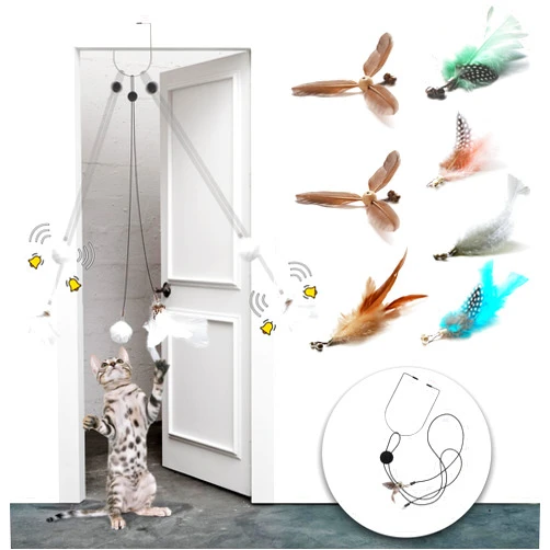 LEKEWPET Retractable Cat Feather Toys 7PCS Refills with Bell, Interactive Doorway Hanging Teaser Toys for Indoor Cats, Kitten Play Exercise Feather Teaser Toys