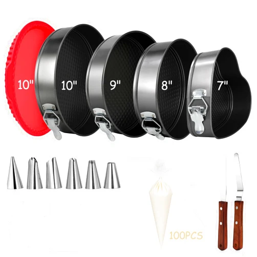 Tchrules 117PCS Cake Pans Set for Baking, Springform Cake Pans Set with Cake Decorating Supplies, 7/8/9/10 inch No-stick Round Heart Shaped Cheesecake Pans with Silicone Pan, Piping Bags and Tips Set
