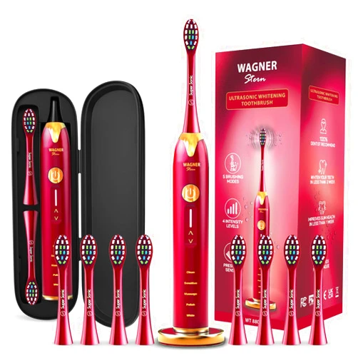 Wagner Stern Ultrasonic whitening Toothbrush with Pressure Sensor. 5 Brushing Modes and 4 Levels of Intensity, 8 Soft bristles, Travel case.