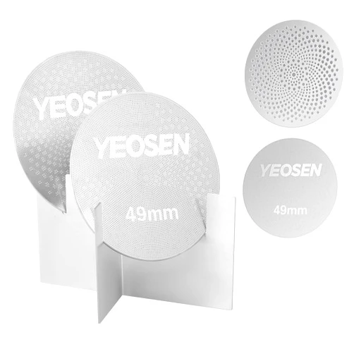 YEOSEN 2Pack Stainless Steel Espresso Puck Screen with Stand, 49mm Reusable Coffee Filter, 0.8mm Thickness Metal Mesh for Portafilter Basket (49MM）
