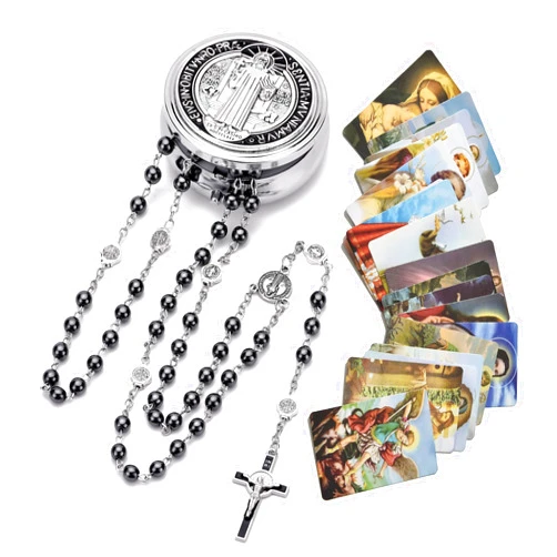 SZQCZB Rosary Beads Catholic for Men and Women, St.Benedict Center Piece and Crucifix, Black Cystal Rosary Beads with Saint Benedict Miraculous Gift Box and 18pcs Prayer Cards