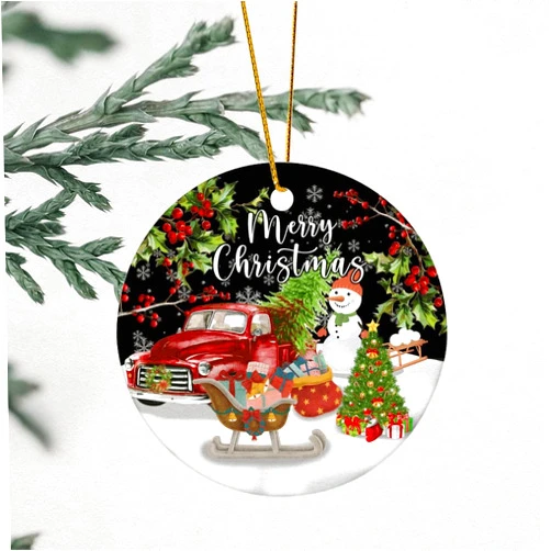 Hyxxiqin0e Merry Christmas Snowman Ornament Red Truck with Tree Round Christmas Ornament Candy Canes 3.2 Inch with Gold String Christmas Ornament Housewarming Gift House Warming Presents for New Home