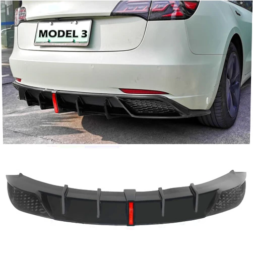 FLAMPETUS Rear Diffuser Bumper Lip Fit 2017-2023 Tesla Model 3, Matte Black ABS Bumper Cover Rear Protector Guard Aprons 3PCS Spoiler Splitter with Brake Light