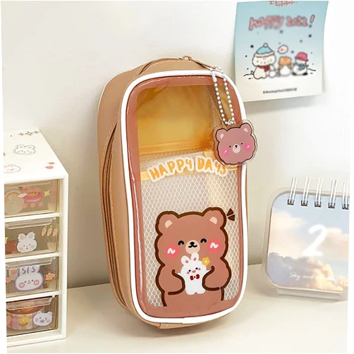 AONUOWE Kawaii Pencil Case Aesthetic Cute Pencil Case for Girls Clear Large Pencil Pouch Kawaii School Supplies for Teen Girls (Brown Bear)