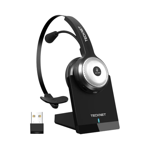 TECKNET Bluetooth 5.2 Headset with Microphone for PC, USB Wireless Headset with Mic for Work, 40Hrs Worktime AI Noise Cancelling On Ear Bluetooth Headphones with Charging Base for Laptop/Call Center