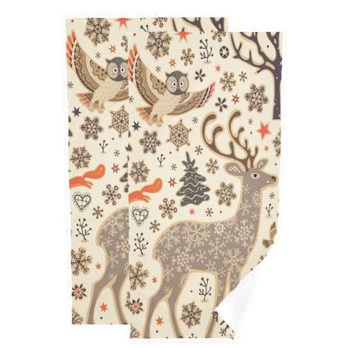 YDTBRUF Owl Towels Set of 2 Forest Deer Kitchen Towels Bird Fox Hand Towels for Bathroom Ethnic Style Christmas Tree Face Towels Rustic Wildlife Snowflake Xmas Bells Soft Absorbent Bath Towel Gift