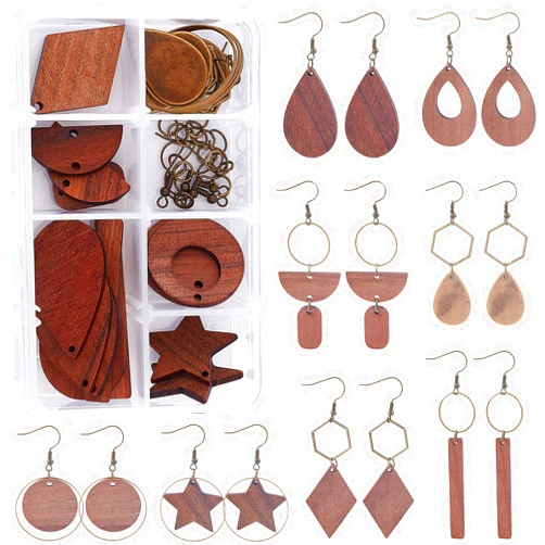 SUNNYCLUE 1 Box DIY 8 Pairs Wooden Dangle Earrings Geometric Wood Earrings Making Starter Kit with 16Pcs Earring Hooks 30Pcs Jump Rings for Women Earring Jewelry Making,Antique Bronze