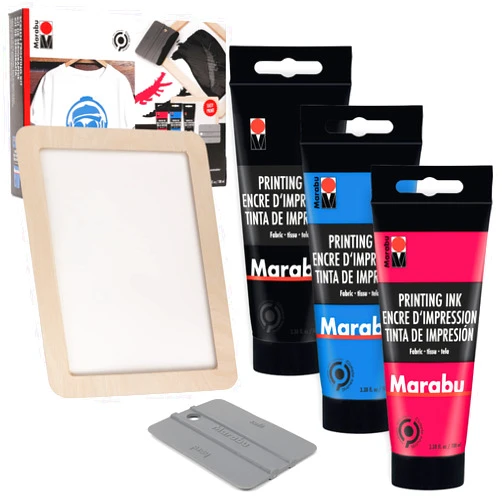 Marabu Screen Printing Kit Set - Screen Print Kit with Reusable Wooden Frame, 1 Screen Printing Squeegee, and 3 x 100ml Ink - Silk Screen Printing Kit for Beginners