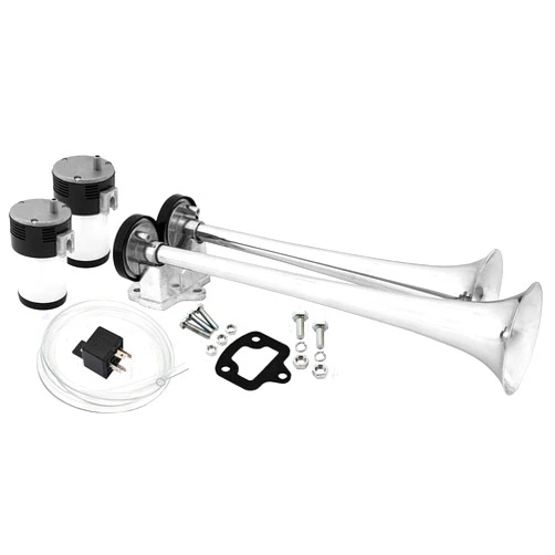 Vixen Horns Train Horn Kit for Trucks/Car/Motorcycle. Complete System with Dual Air Compressor, 2 Trumpets. Super Loud dB. Fits Vehicles Like Pickup/Semi/RV/SUV 12v Chrome Plated VXH2112C
