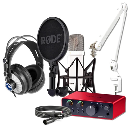 StreamEye Rode NT1 Signature Series Condenser Microphone (White) with Scarlett Solo 4th Gen USB Audio Interface, White PSA1+ Broadcast Microphone Boom Arm and Cans50 Monitoring Headphones