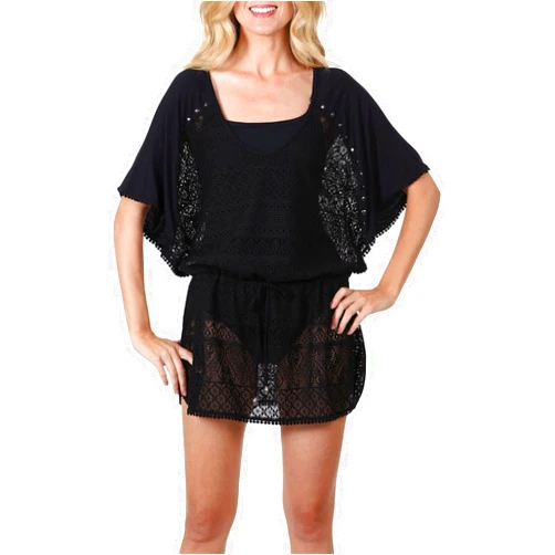 Dotti Wearabouts Womens Crochet Club Tunic Cover Up-Large Black