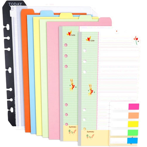 Rancco Cornell-Note Taking-System A6 Planner Refill Paper, 90 Page Colorful 5R Cornell Notes 6-Ring Binder Loose-leaf Inserts w/Zipper Pouch, Binder Divider, Ruler, Index Tab, College Ruled, 6.9x3.7