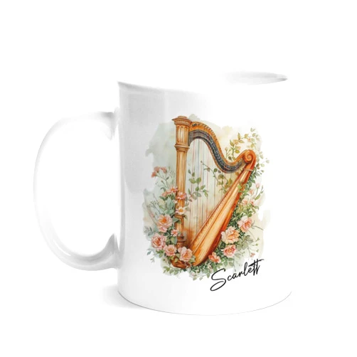 Handmade Customized Gifts Personalized Harp Coffee Mug With Flower Design, Harp Player Ceramic Cup With Custom Name, Music Teacher Travel Mug Gifts For Men Women, Customized Novelty Harp Tea Cup Presents