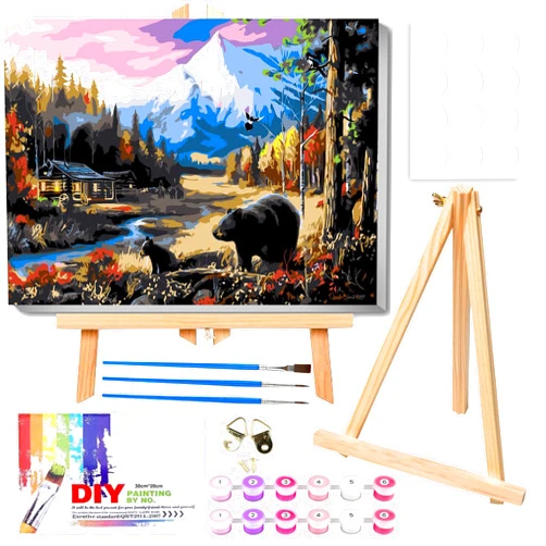 ICYANART Black Bear Paint by Numbers Kit for Adults Beginner,Beautiful Gift Box with Easel,Landscape Paint by Numbers with Frame for Black BearHome Wall Decor 12x16inch