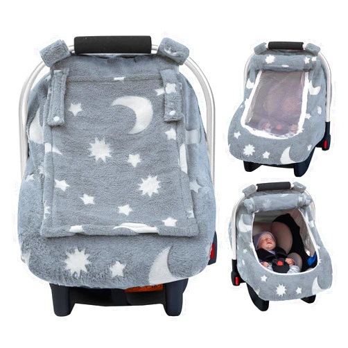 Kaseeous Baby Car Seat Cover, Carseat Covers Baby Glow in The Dark, Fleece Plush Infant Car Seat Cover for Girls Boys, Car Seat Canopy with Peep Mesh Windows, Universal Carrier Cover for All Seasons