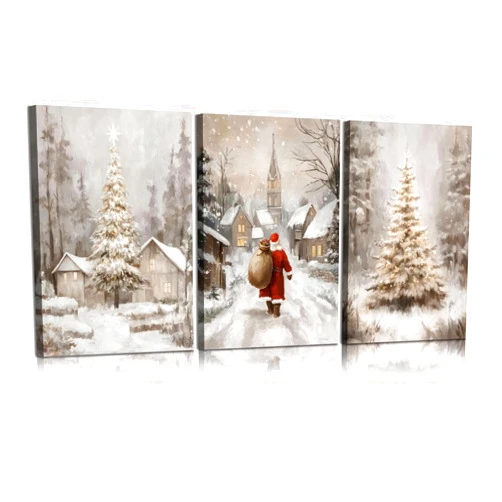 TJRRKYHY 3Pcs Christmas Winter Snow Scene Canvas Wall Art Pine Trees Landscape Wall Decor Picture Retro Country Cabin Snowy Poster Prints for Bedroom Living Room Kitchen Home decorations Framed