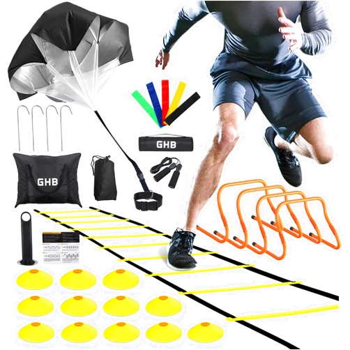 GHB Agility Ladder,Football Training Equipment Set,4 Agility Hurdles, 20 feet12 Rungs Speed Ladder,12 Disc Cones,Resistance Parachute, Jump Rope, 4 Resistance Bands