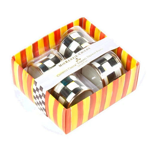 MACKENZIE-CHILDS Courtly Check Enamel Napkin-Ring Set, Black-and-White Napkin-Holder Ring for Cloth Napkins, Set of 4