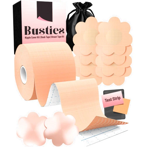 Busties Boob Tape Kit (12 pcs), Easy to Use (Universal Fit), 1 Pack Boobytape for Breast Lift, Bob Tape for Large Breasts, Bra Nipple Tape with Petals and Covers, Breast Tape for Women Nude