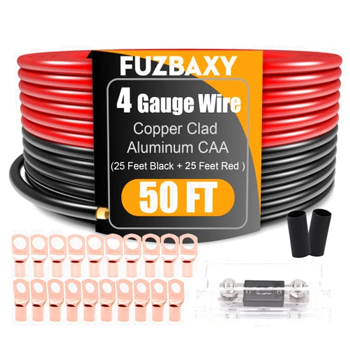 Fuzbaxy 4 Gauge Wire (25 Feet Black+25 Feet Red) Copper Clad Aluminum CCA - Primary Automotive Wire Power/Ground,20PCS Lugs Terminal Connectors,20PCS Heat Shrink Tubing with 100A ANL Fuse