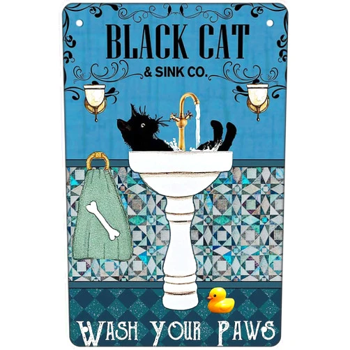AntSwegg Funny Bathroom Vintage Metal Tin Sign Black Cat for Cat Lovers Gifts Cat Wall Decor Posters-WASY YOUR PAWS-Home Office Farmhouse Cafe Bar Restaurant Toilet Bathroom Wall Decor Art 8x12 in