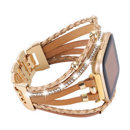 YOSWAN Leather Bands Compatible with Fitbit Versa 2 Bands/Fitbit Versa/Fitbit Versa Lite/SE, Boho Handmade Multilayer Wrap Bracelets Jewelry Strap Wristband for Women
