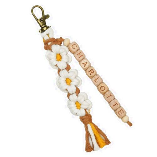 Handmade Personalized Keychain Custom Name Macrame Daisy Flower Keychain Boho Handmade Charms Tassel Accessories for Car Key Purse Backpack Gift for Party Favors Bridal Shower Gift for Women Girls (Caramel)