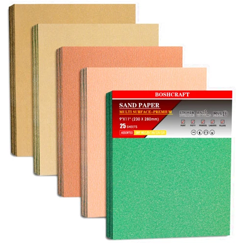 BOSHCRAFT 25 PCS Sandpaper, Sandpaper Assortment Sandpaper for Wood Metal Furniture Hand Sander Sand Paper 80/120/150/220/320 Grit Sandpaper Sheets Cut for Use 9