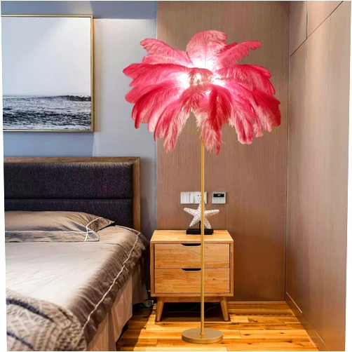 Pombconw Natural Ostrich Feather Floor Lamp,160cm Palm Tree Standing Lamp for Bedroom Living Room, Gold/Brass Lamp Body, Pink Feather lampshade Romantic Princess Feather Standing Light Teen Girl