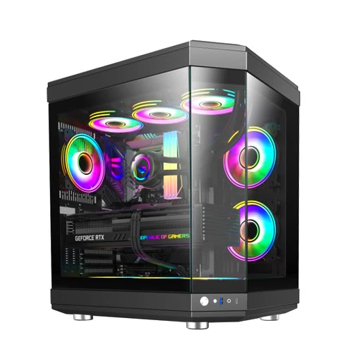 NextGenOEM NextGen Hype Premium Dual-Chamber Mid-Tower ATX Gaming PC Case, Support Horizontal and Vertical, 360mm Radiator Support, Seamless Tempered Glass Front & Side Panel, USB 3 & Type-C, Black