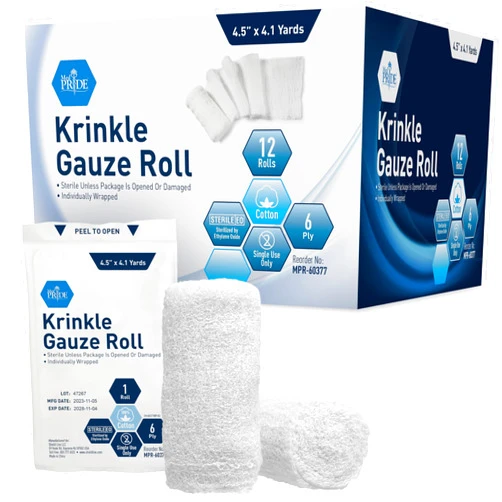 MED PRIDE Sterile Krinkle Gauze [12 Rolls]- 4.5'' x 4.1 Yards Rolls - Cotton Wound Dressing Sterile Wraps – 6-Ply Highly Absorbent First Aid Gauzes - Medical Individually Wrapped Mesh Bandage Gauzes