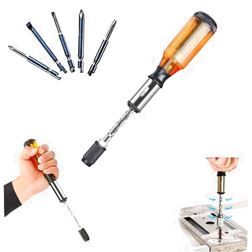 Aqur2020 Push Pull Ratchet Screwdriver, Large Handle Comfortable Grip Spiral Design Ratchet Screwdriver with for 5 Replaceable Heads Various Occasions (#1)