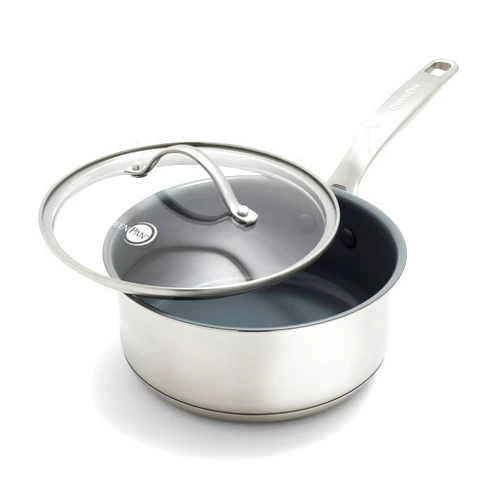 GreenPan Stainless Steel Treviso 2.1QT Saucepan with Lid, Healthy Ceramic Nonstick, PFOA-Free PFAS-Free, Induction, Dishwasher Safe, Oven Safe, Even Heating, Silver