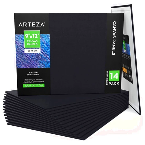 ARTEZA Black Canvas Boards for Painting, 9 x 12 Inches, Pack of 14, Blank Canvas Panels for Acrylic, Oil and Gouache Painting