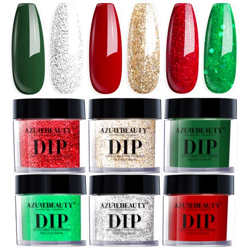 AZUREBEAUTY Dip Powder Nail Set, 6 Colors Glitter Red Green Silver Gold Nail Dipping Powder Starter Kit French Nail Art Sparkle Stunning Manicure Salon DIY No Need Nail Lamp Cured