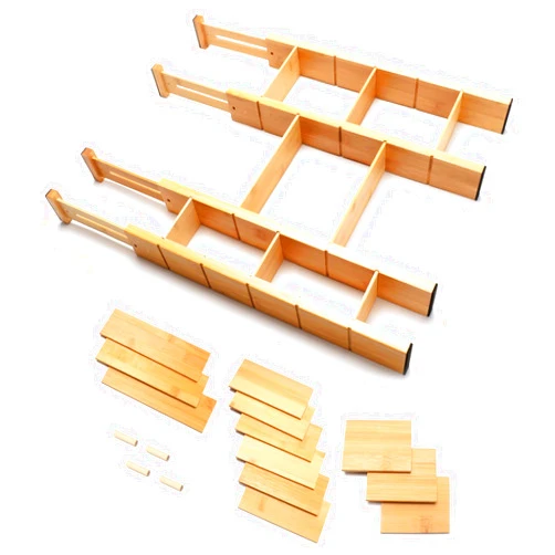 SUEIANNMN 4PCS Expandable Drawer Dividers Set with 12 Inserts Kitchen Drawer Organiser, Bamboo Customisable Cutlery Organiser Desk Drawer Organizer Clothes Drawer Organisation (17-22in)