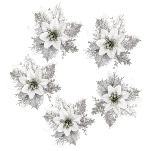 TOYANDONA Christmas Glitter Flowers 24pcs Christmas Poinsettia Decorations, 4.7 inch Artificial Silver Glitter Poinsettia Flower Christmas Tree Ornaments Glitter Poinsettia Decor