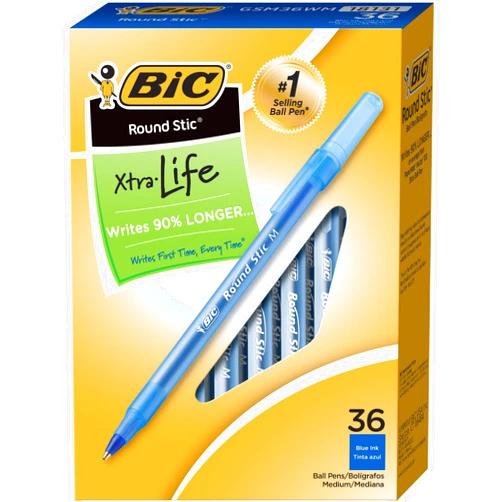 BIC Round Stic Xtra Life Blue Ballpoint Pens, Medium Point (1.0mm), 36-Count Pack of Bulk Pens, Flexible Round Barrel for Writing Comfort, No. 1 Selling Ballpoint Pens