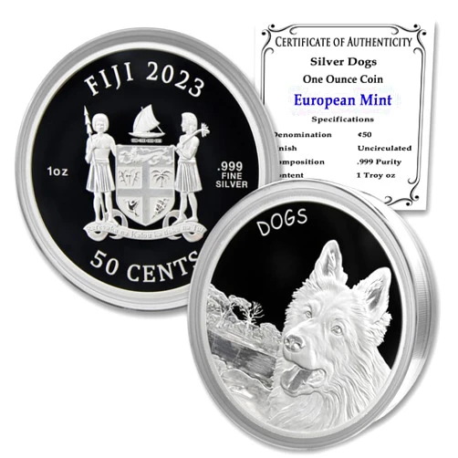 MINT STATE GOLD 2023-1 oz Fiji Silver Dogs Coin Brilliant Uncirculated (in Capsule) with a Certificate of Authenticity 50c Seller BU