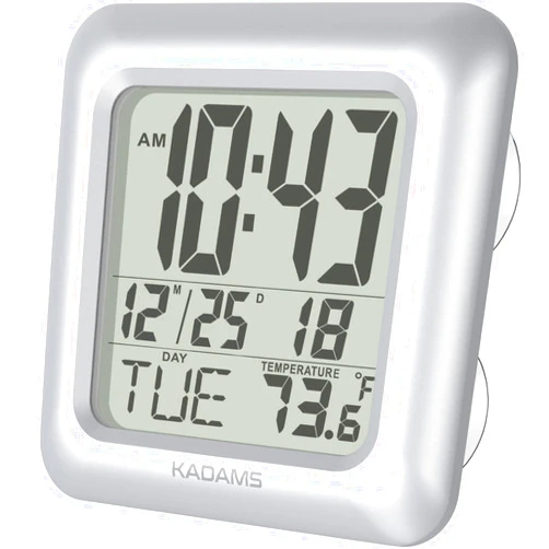 KADAMS Bathroom Shower Digital Wall Clock - Water Resistant - Large Display LED Wall Clock - Seconds Counter - Temperature & Calendar Display - Suction Cup, Multiple Mounting Options (Silver)