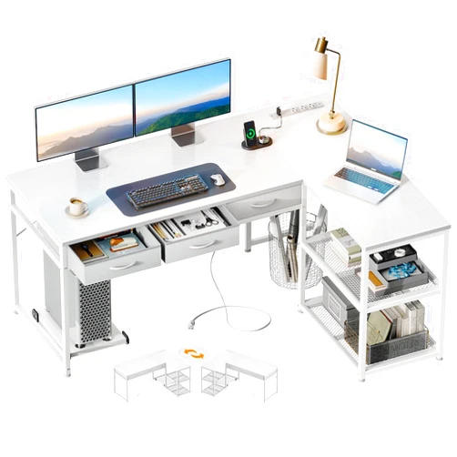 AODK 53 Inch L Shaped Computer Desk with Drawers, Corner Desk with Power Outlets & Reversible Storage Shelves, Movable CPU Stand for Home Office Gaming, White